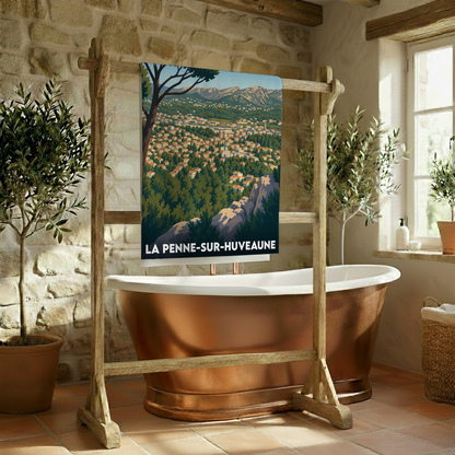Serviette de bain souvenir de la ville de La Penne-sur-Huveaune avec une illustration de paysage panoramique.