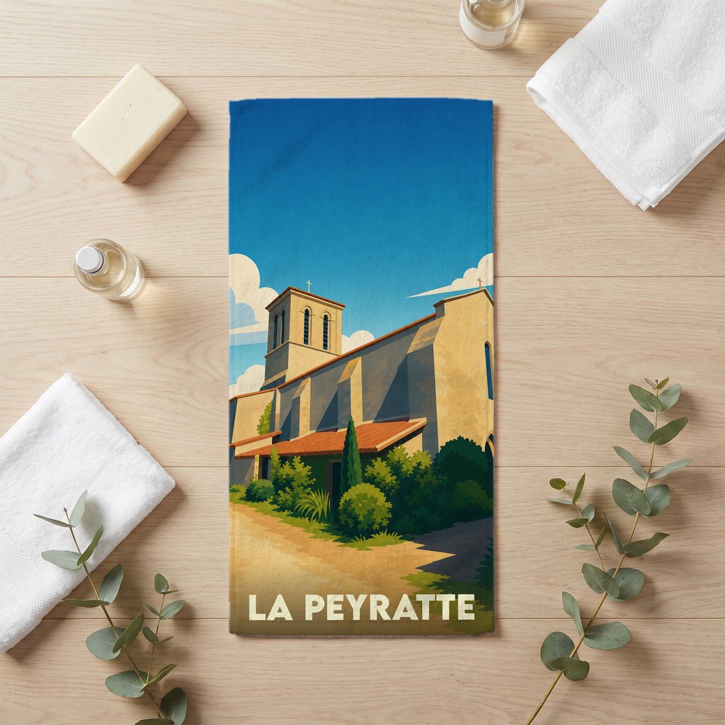 Serviette de bain souvenir de la ville de La Peyratte avec une illustration stylisée d'une église.