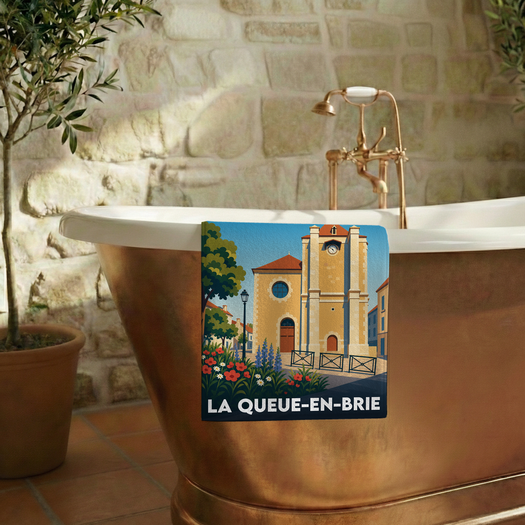 Serviette de bain souvenir de la ville de La Queue-en-Brie avec une illustration stylisée.