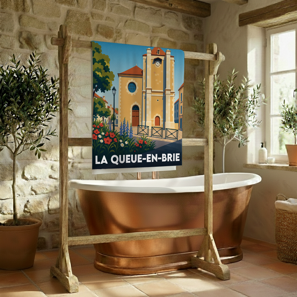 Serviette de bain souvenir de la ville de La Queue-en-Brie avec une illustration stylisée.