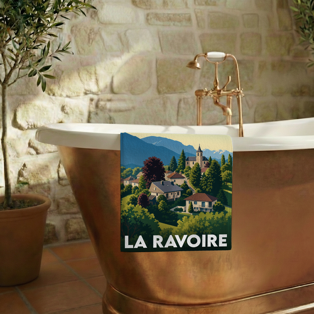 Serviette de bain souvenir de la ville de La Ravoire avec une illustration stylisée.