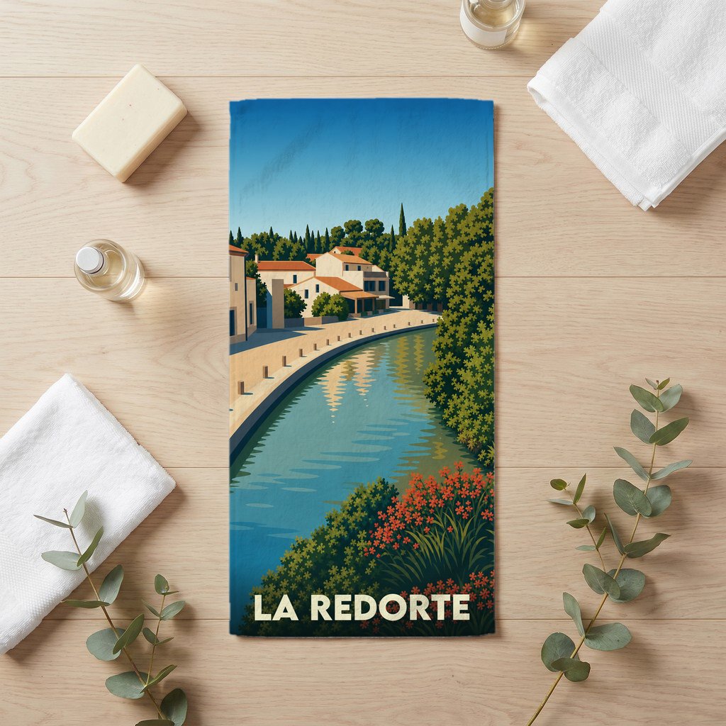 Serviette de bain souvenir de la ville de La Redorte avec une illustration stylisée du canal.