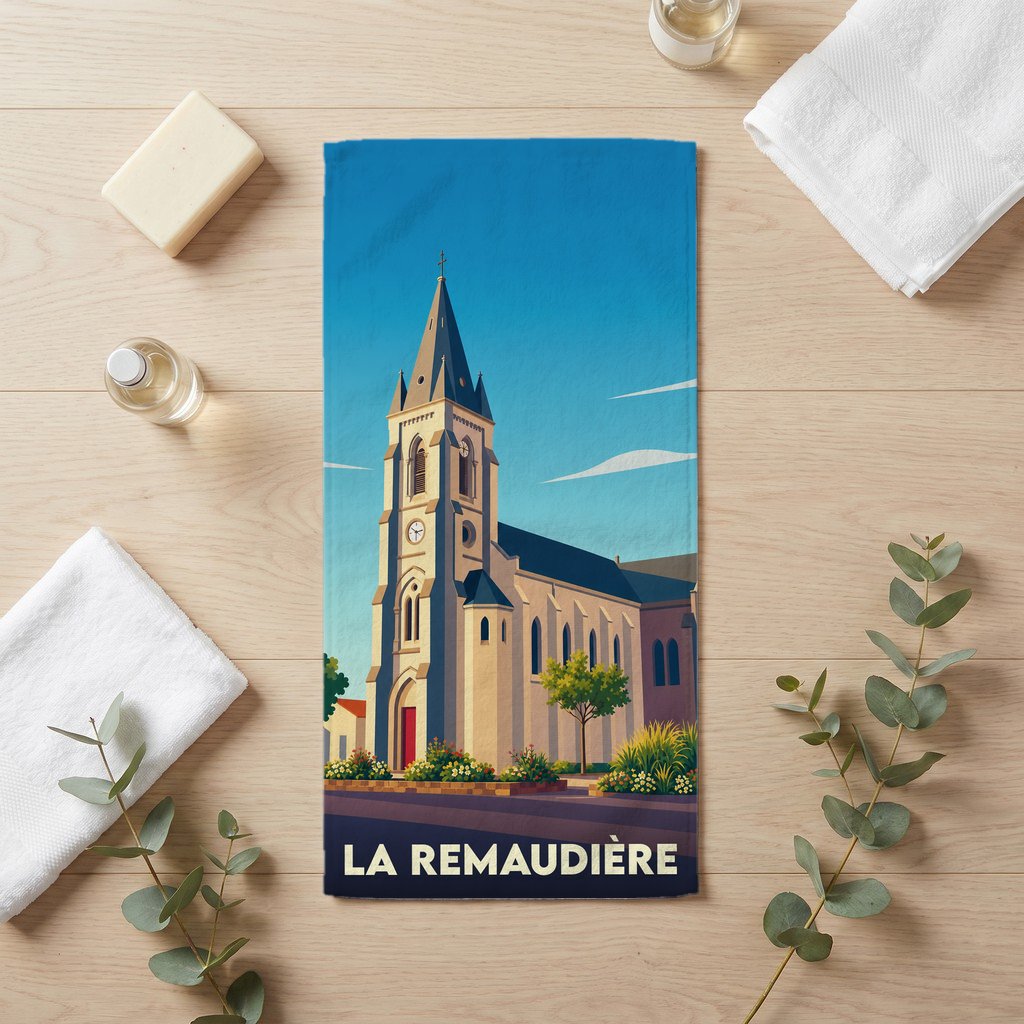 Serviette de bain souvenir de la ville de La Remaudière avec une illustration stylisée de son église.