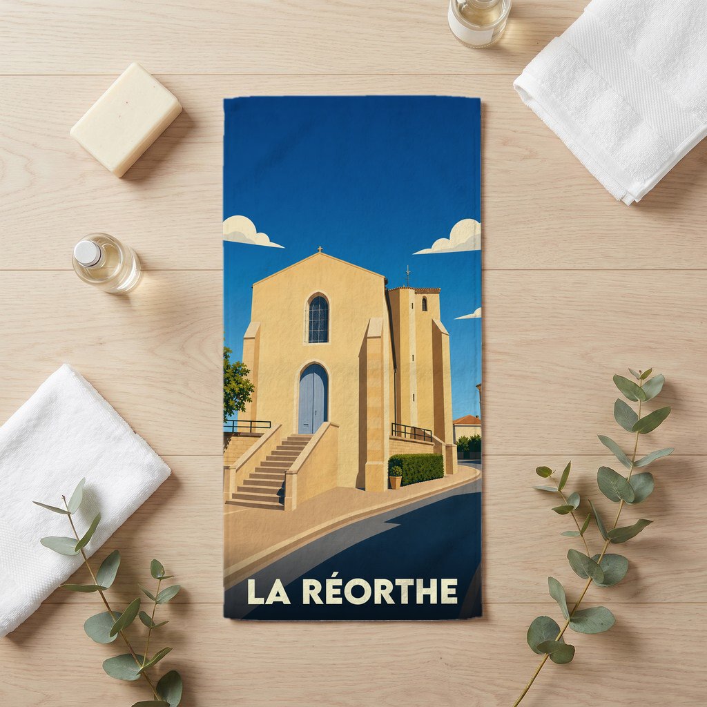 Serviette de bain souvenir de la ville de La Réorthe avec une illustration stylisée de son église.