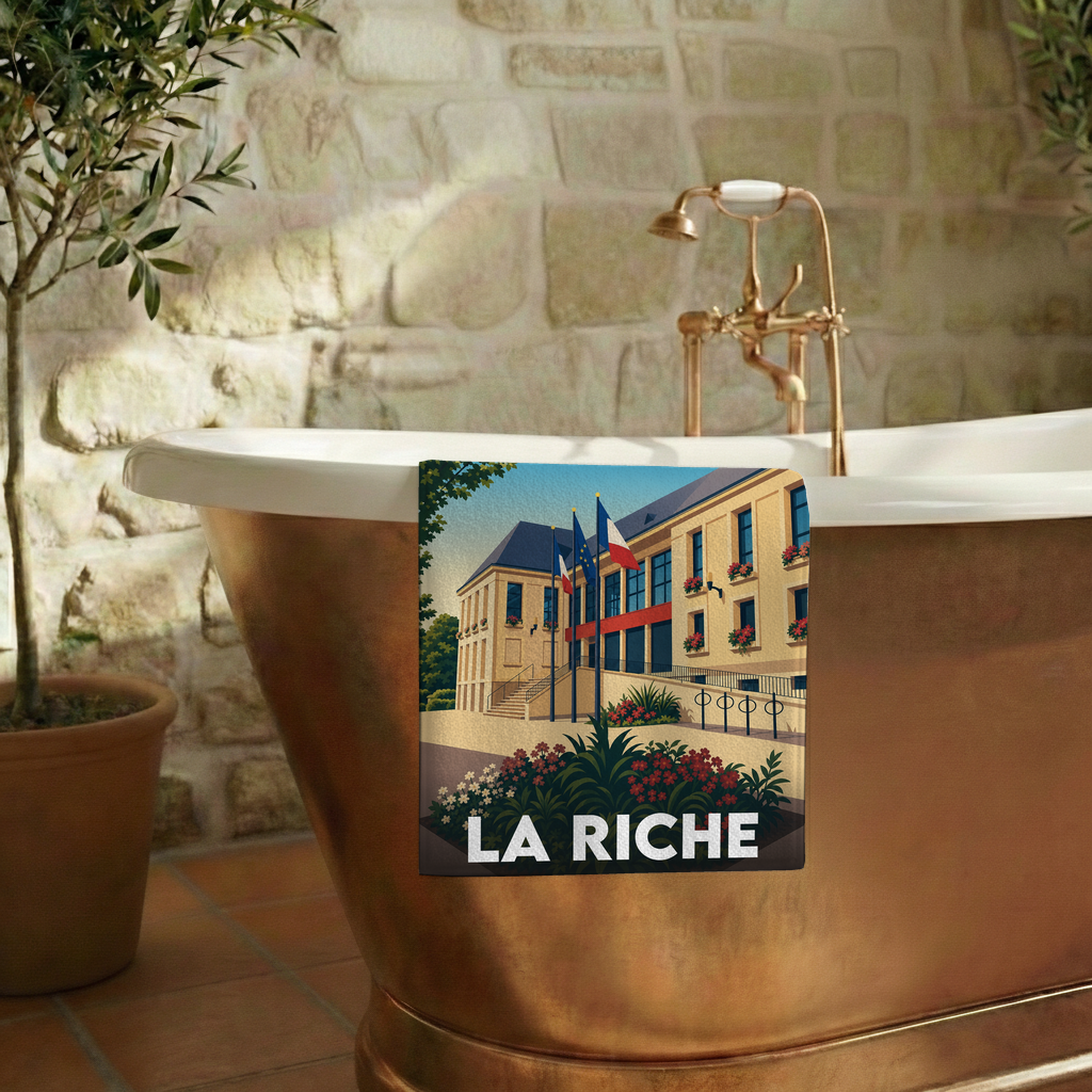Serviette de bain souvenir de la ville de La Riche avec une illustration stylisée de l'hôtel de ville.