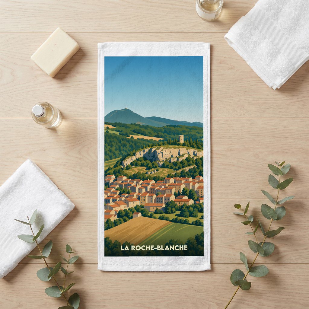 Serviette de bain souvenir de La Roche-Blanche avec une illustration de paysage stylisée.