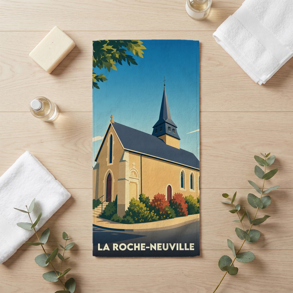 Serviette de bain souvenir de la ville de La Roche-Neuville avec une illustration stylisée de son église.
