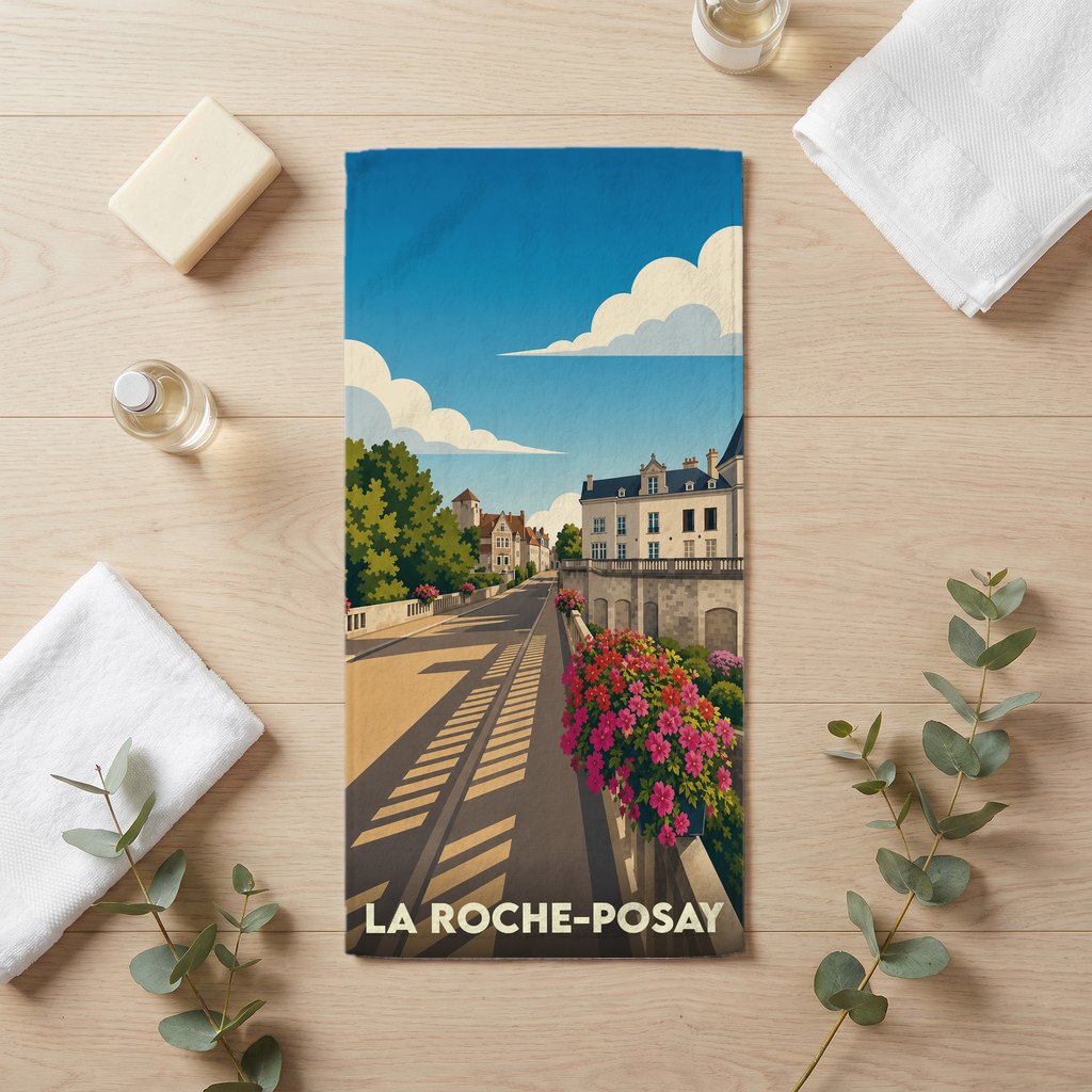 Serviette de bain souvenir de la ville de La Roche-Posay avec une illustration stylisée.