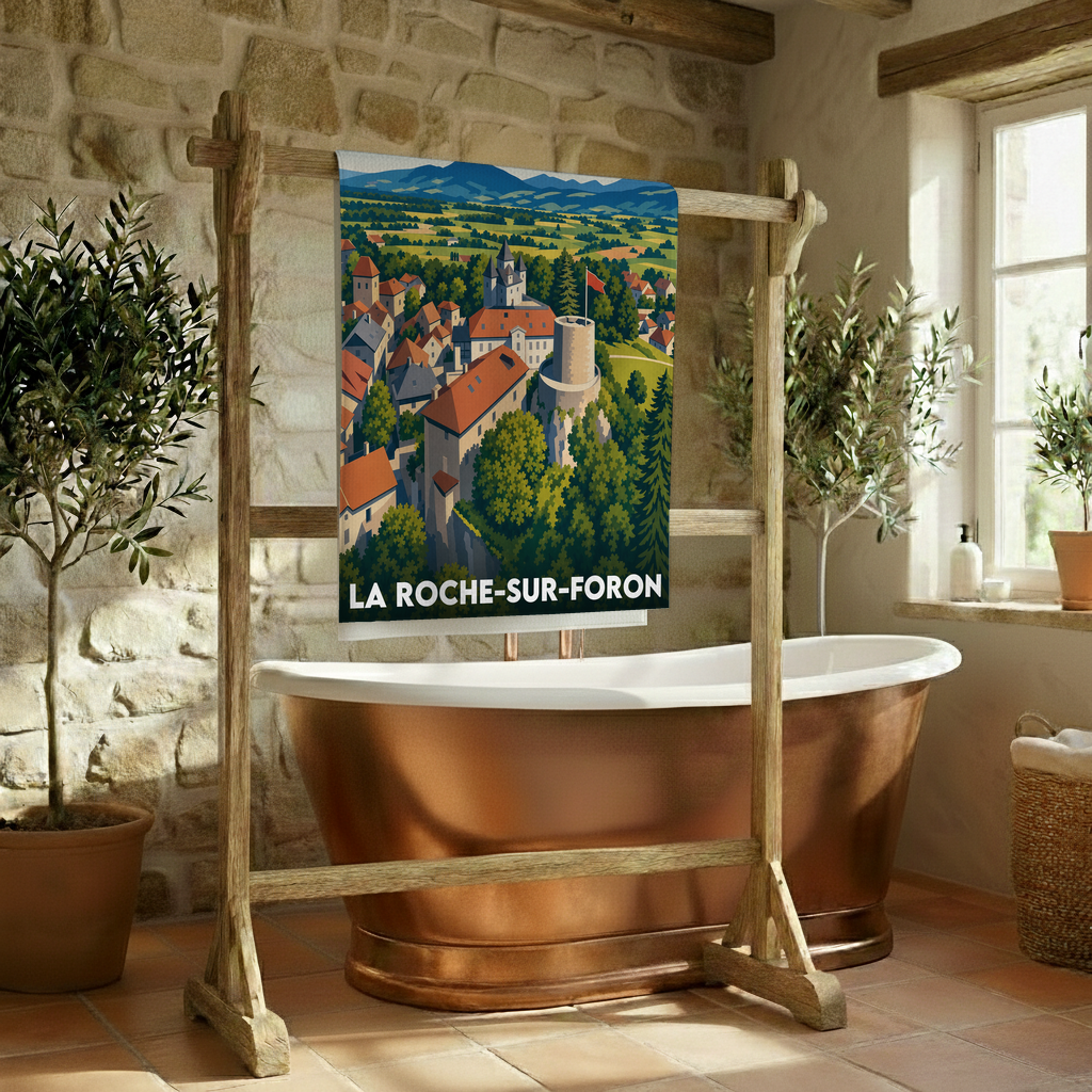 Serviette de bain souvenir de la ville de La Roche-sur-Foron avec une illustration stylisée.
