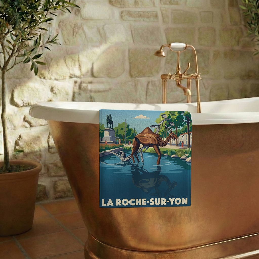 Serviette de bain souvenir de la ville de La Roche-sur-Yon avec une illustration stylisée.