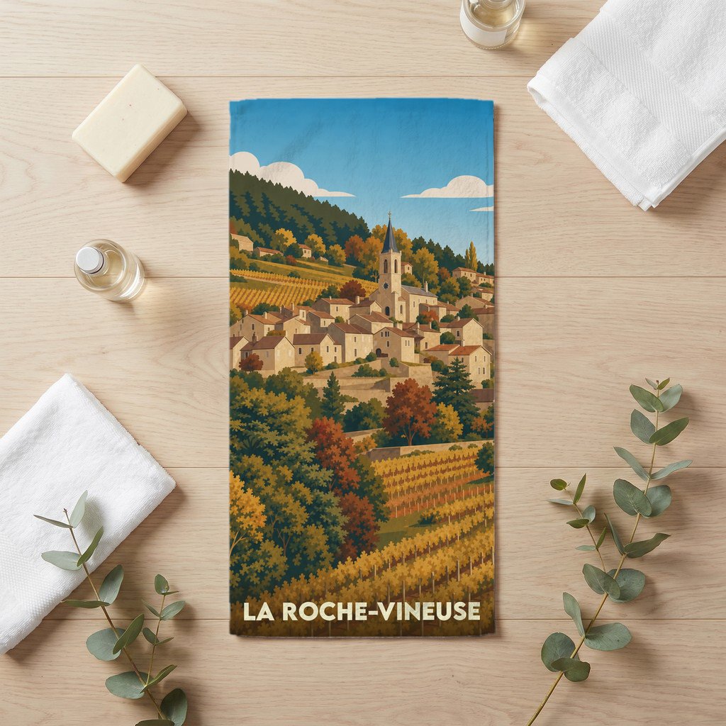 Serviette de bain souvenir de la ville de La Roche-Vineuse avec une illustration stylisée d'un village et de vignobles.