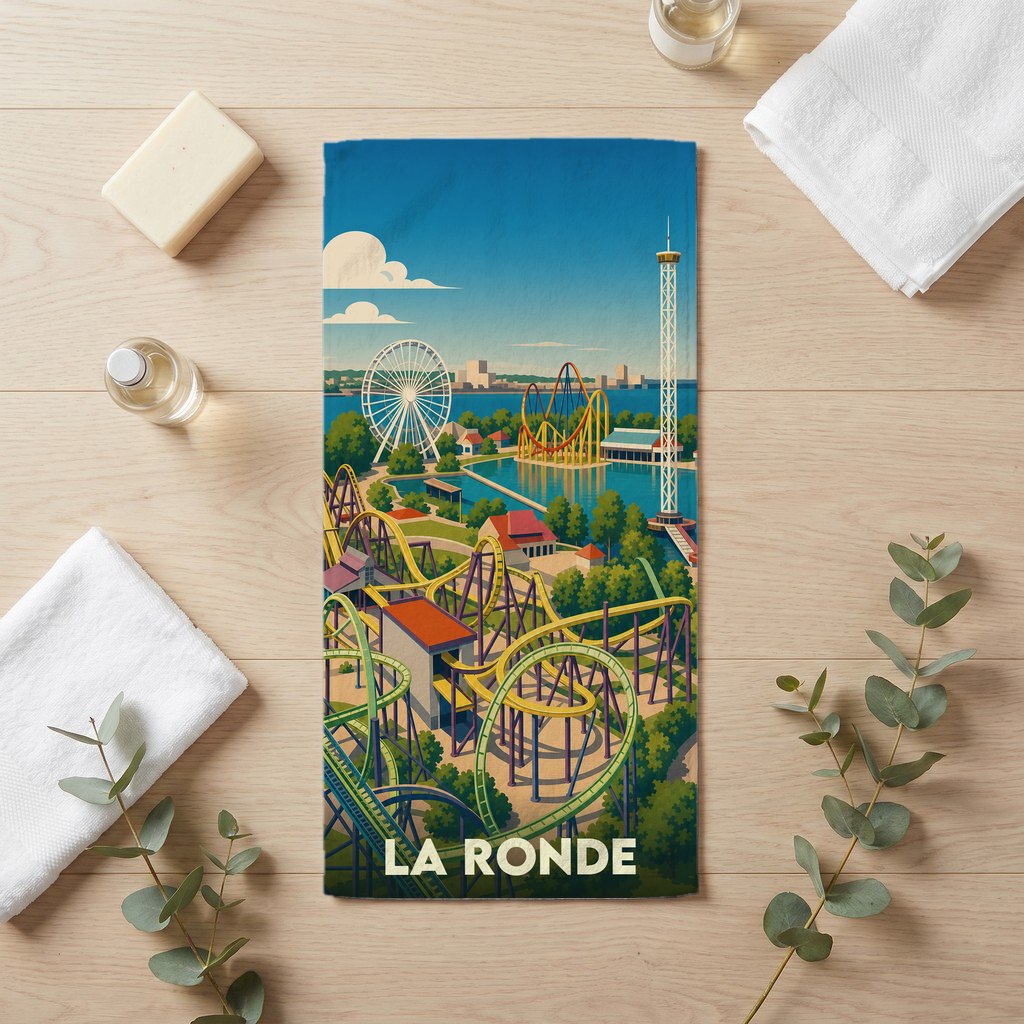Serviette de bain souvenir de La Ronde avec une illustration stylisée du parc d'attractions.