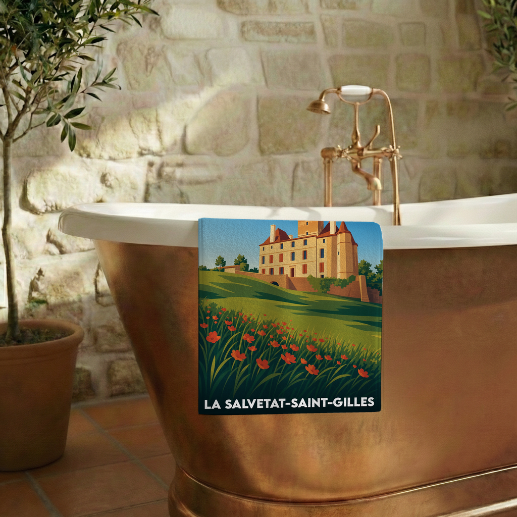 Serviette de bain souvenir de la ville de La Salvetat-Saint-Gilles avec une illustration stylisée.