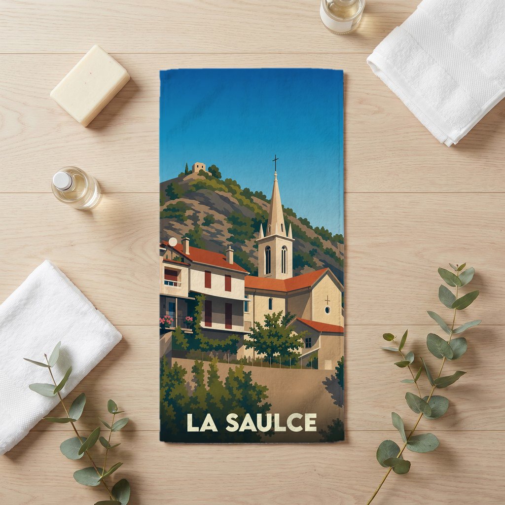 Serviette de bain souvenir de la ville de La Saulce avec une illustration stylisée.