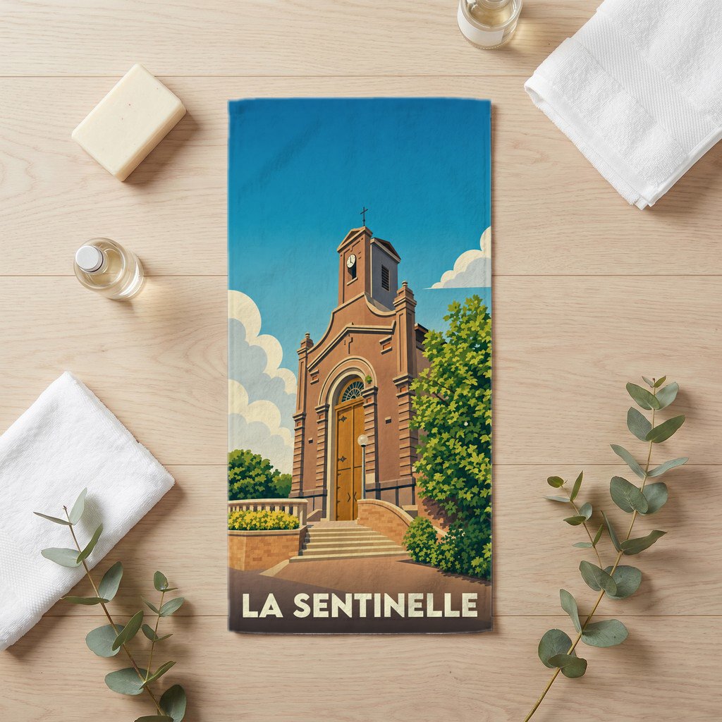 Serviette de bain souvenir de la ville de La Sentinelle ornée d'une illustration stylisée de son église.