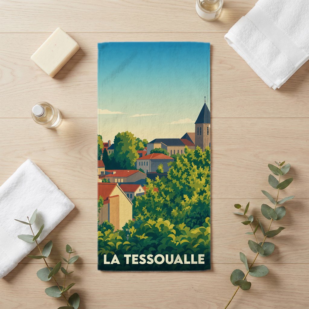 Serviette de bain souvenir de la ville de La Tessoualle avec une illustration stylisée de son paysage urbain.