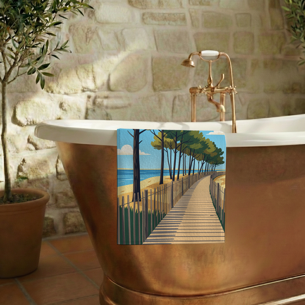 Serviette de bain souvenir de la ville de La Teste-de-Buch avec une illustration stylisée d'un sentier côtier.