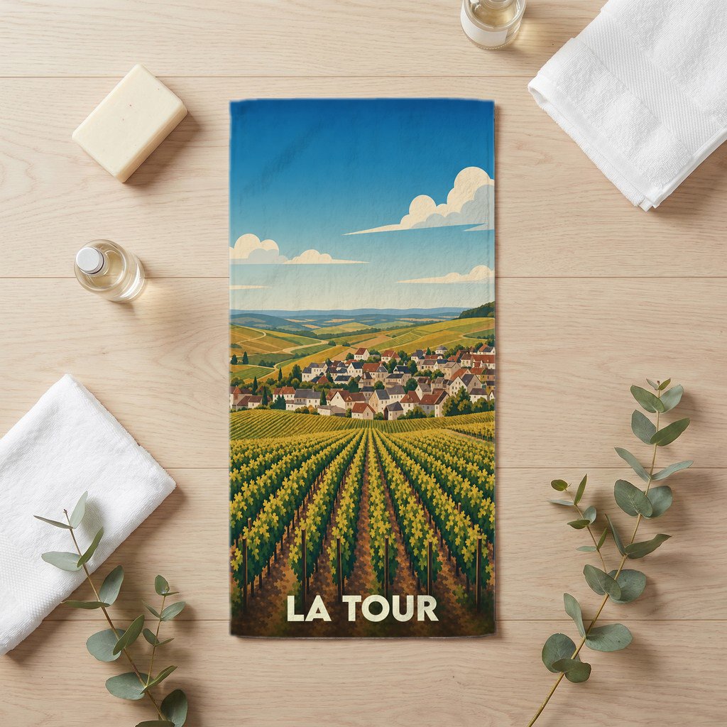 Serviette de bain souvenir de la ville de La Tour avec une illustration stylisée de vignobles.