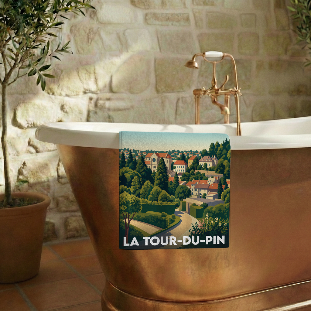 Serviette de bain souvenir de la ville de La Tour-du-Pin avec une illustration stylisée de son paysage.