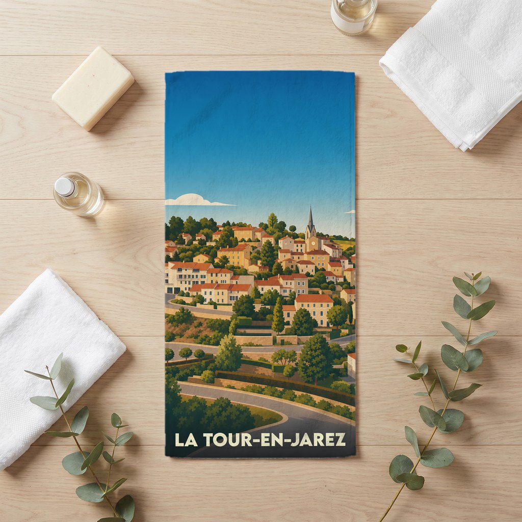 Serviette de bain souvenir de la ville de La Tour-en-Jarez avec une illustration stylisée.