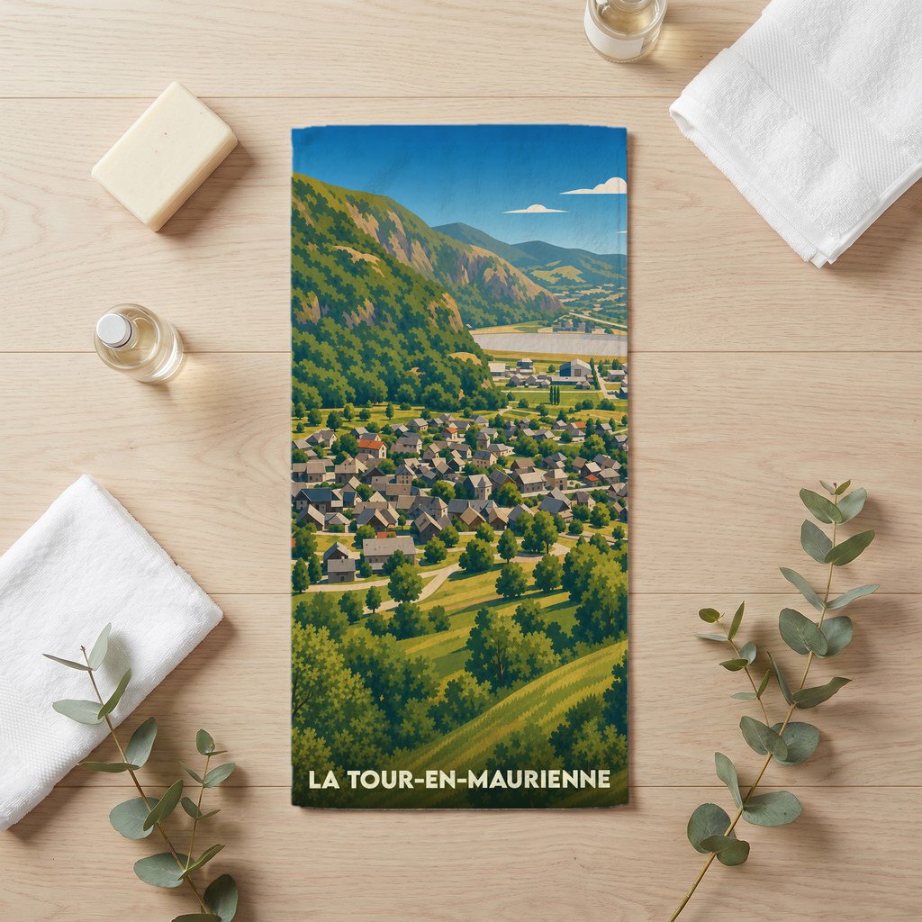 Serviette de bain souvenir de la ville de La Tour-en-Maurienne avec une illustration stylisée de la vallée.