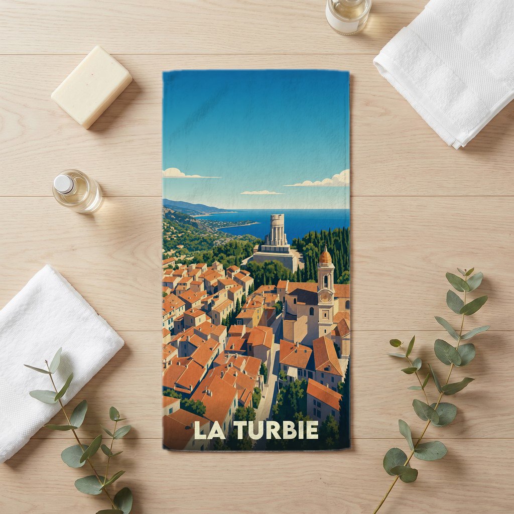 Serviette de bain souvenir de la ville de La Turbie avec une illustration stylisée.