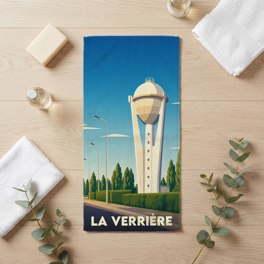 Serviette de bain souvenir de la ville de La Verrière avec une illustration stylisée d'un château d'eau moderne.
