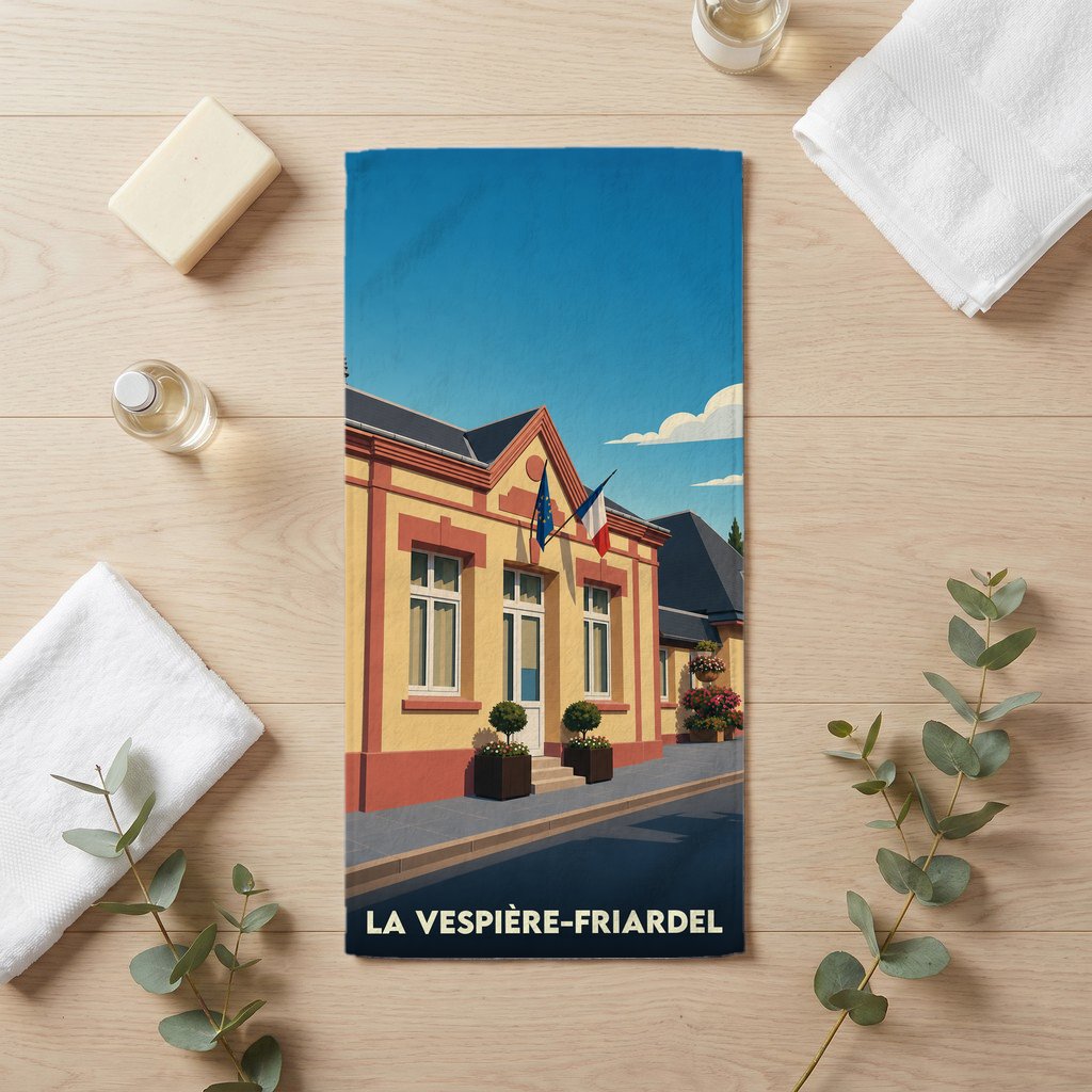 Serviette de bain souvenir de la ville de La Vespière-Friardel avec une illustration stylisée.