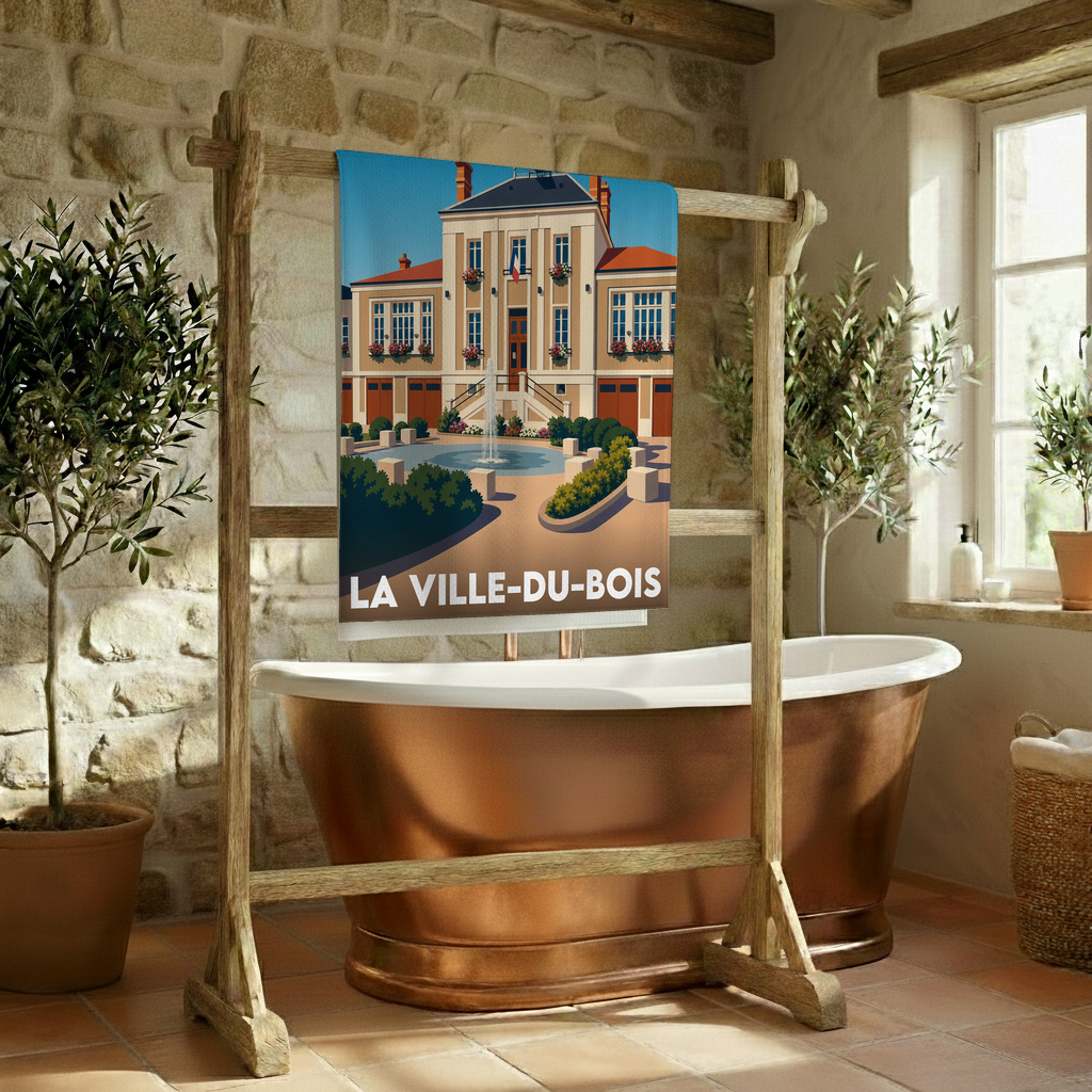 Serviette de bain souvenir de La Ville-du-Bois illustrée d'un visuel stylisé de l'hôtel de ville.
