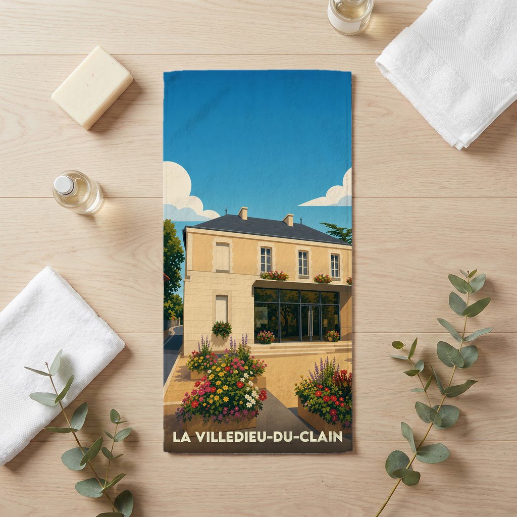 Serviette de bain souvenir de La Villedieu-du-Clain illustrée d'un bâtiment fleuri sous un ciel bleu.