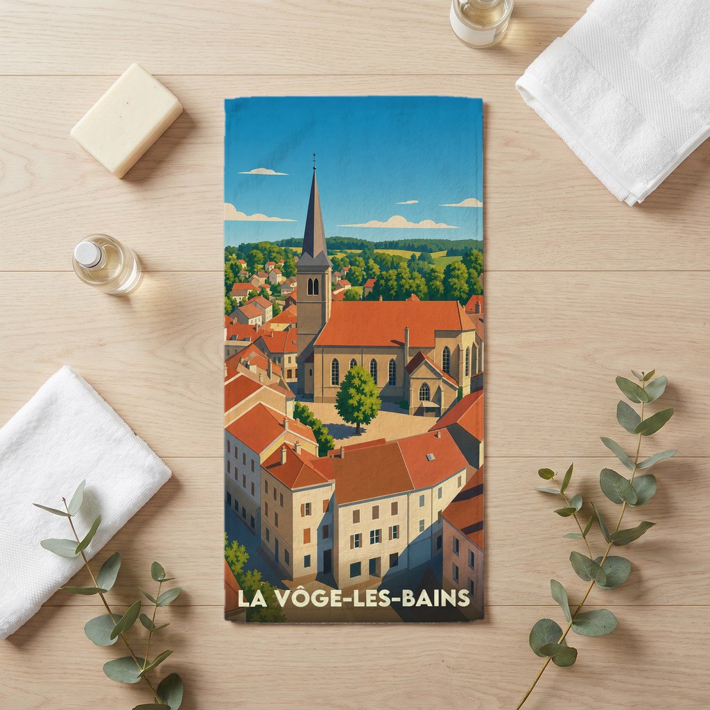 Serviette de bain souvenir de la ville de La Vôge-les-Bains avec une illustration stylisée.