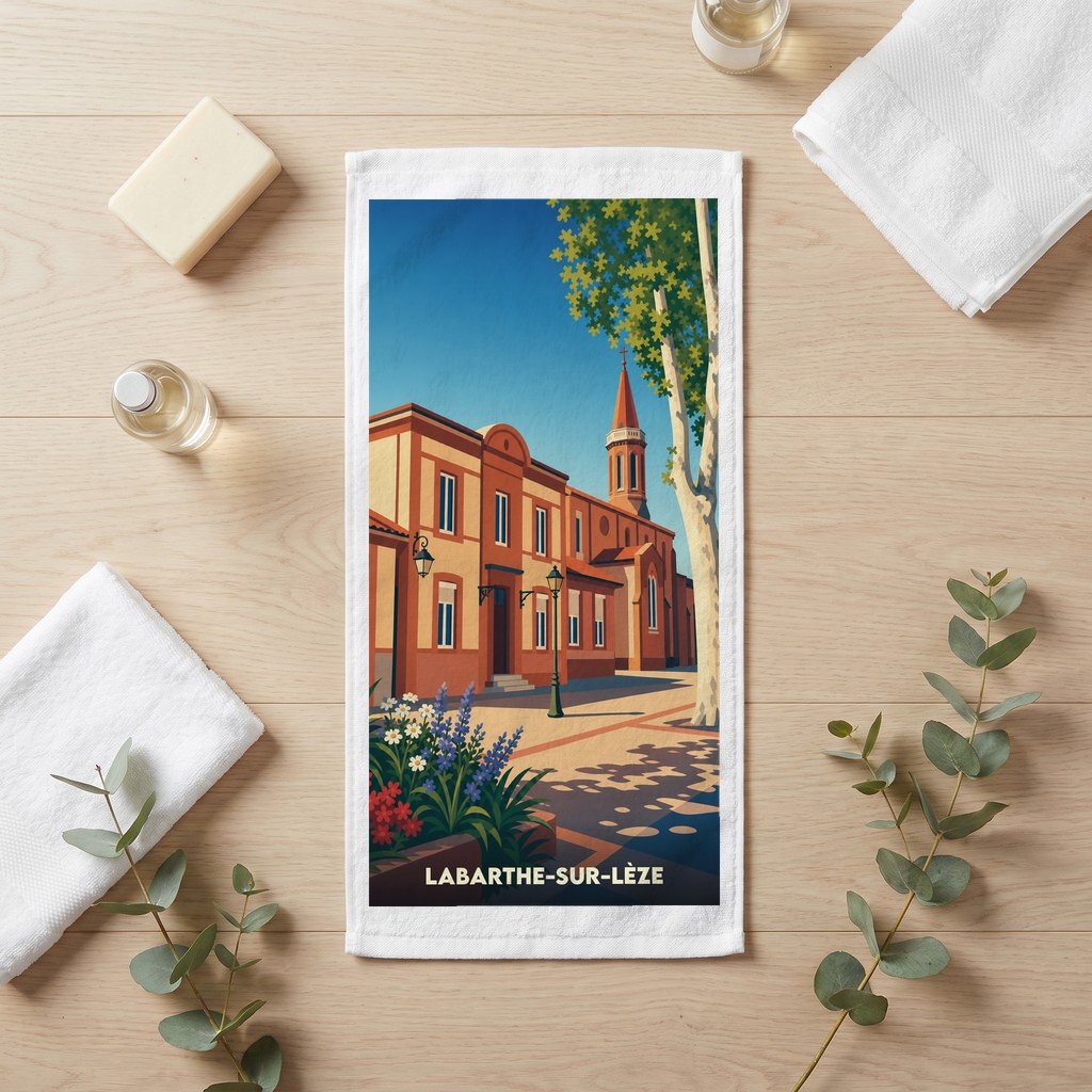 Serviette de bain souvenir de la ville de Labarthe-sur-Lèze avec une illustration stylisée.