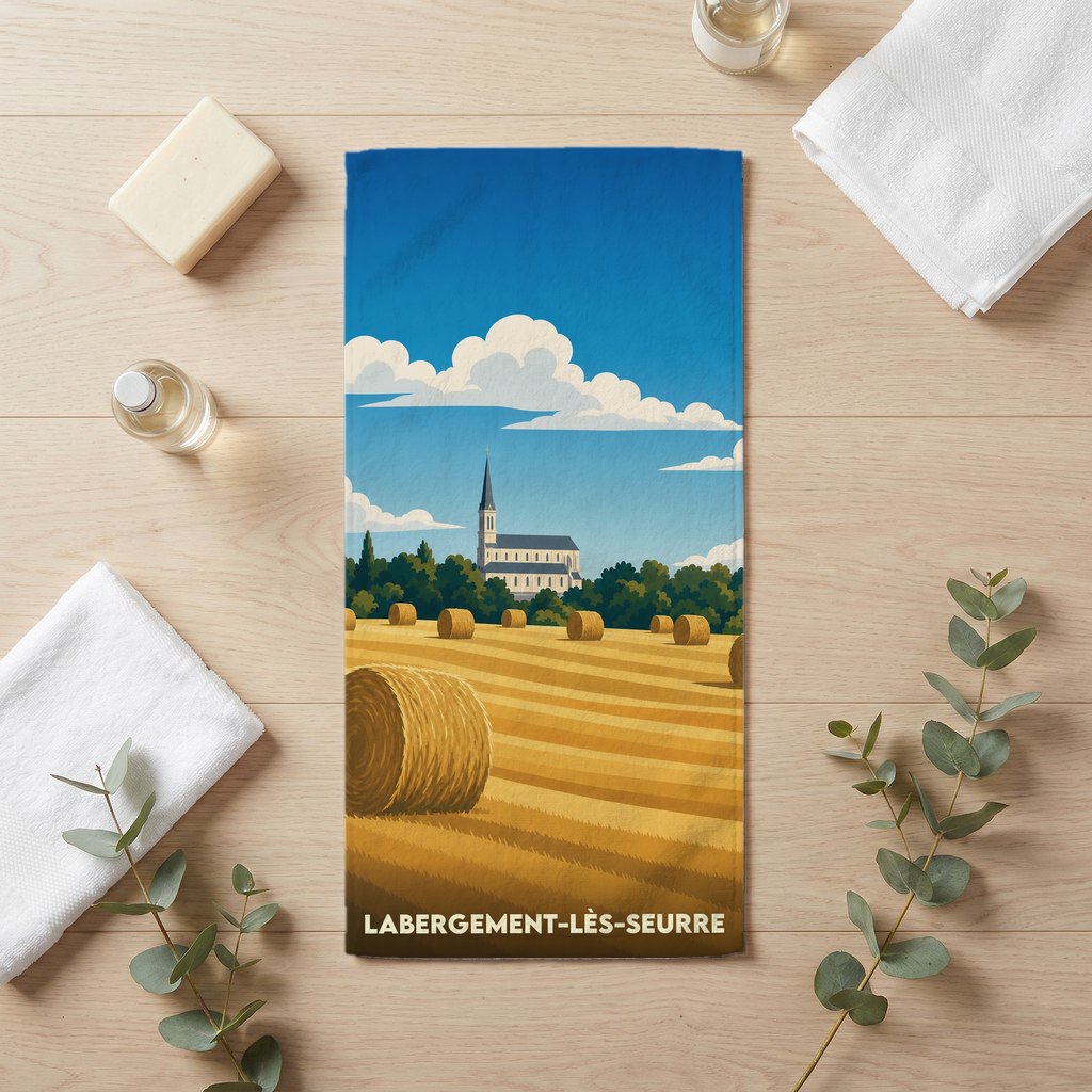 Serviette de bain souvenir de la ville de Labergement-lès-Seurre avec une illustration stylisée d'un champ de blé et d'une église.