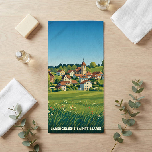 Serviette de bain souvenir de Labergement-Sainte-Marie illustrée d'un paysage de village champêtre.