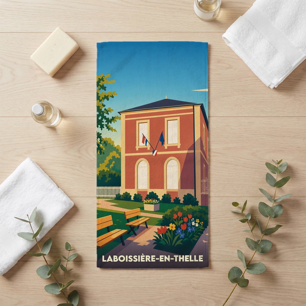 Serviette de bain souvenir de Laboissière-en-Thelle avec une illustration stylisée de la mairie et de son jardin.