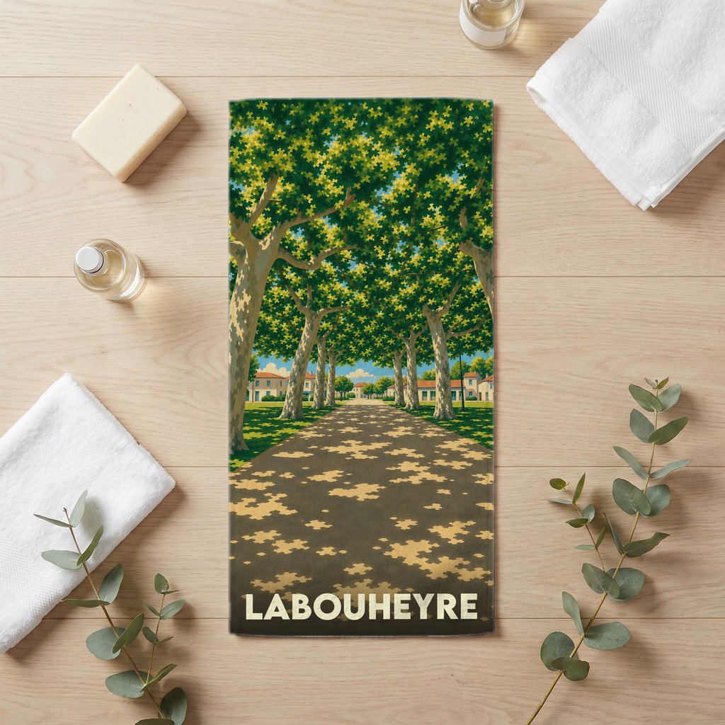Serviette de bain souvenir de la ville de Labouheyre avec une illustration stylisée d'une allée arborée.