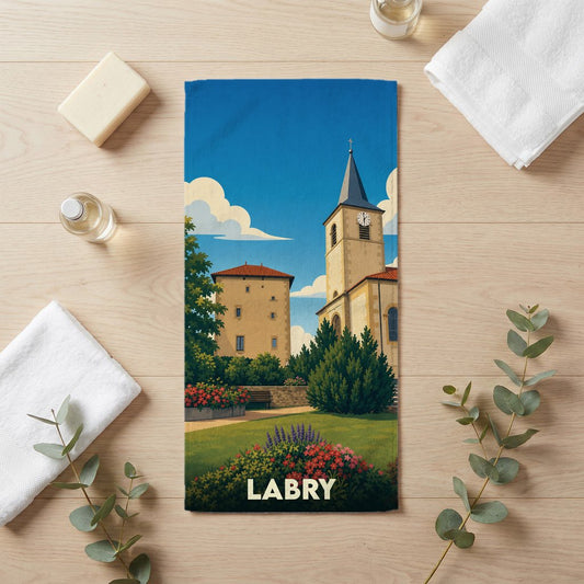 Serviette de bain souvenir de la ville de Labry avec une illustration stylisée de son église et de ses jardins.