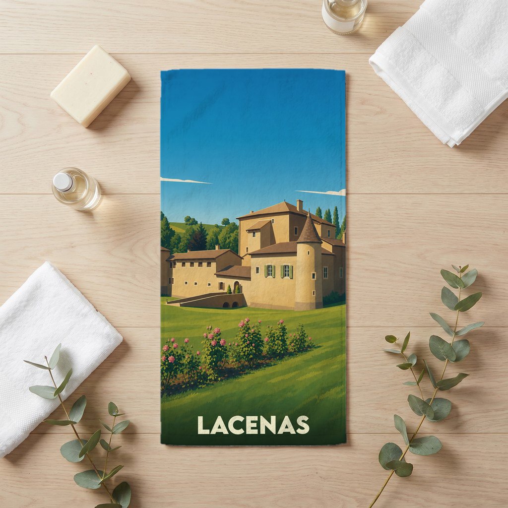 Serviette de bain souvenir de la ville de Lacenas avec une illustration stylisée de son patrimoine.