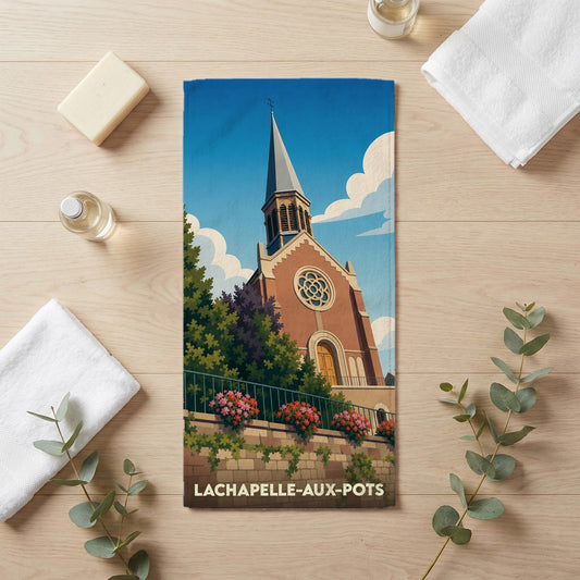 Serviette de bain souvenir de la ville de Lachapelle-aux-Pots avec une illustration stylisée de son église.