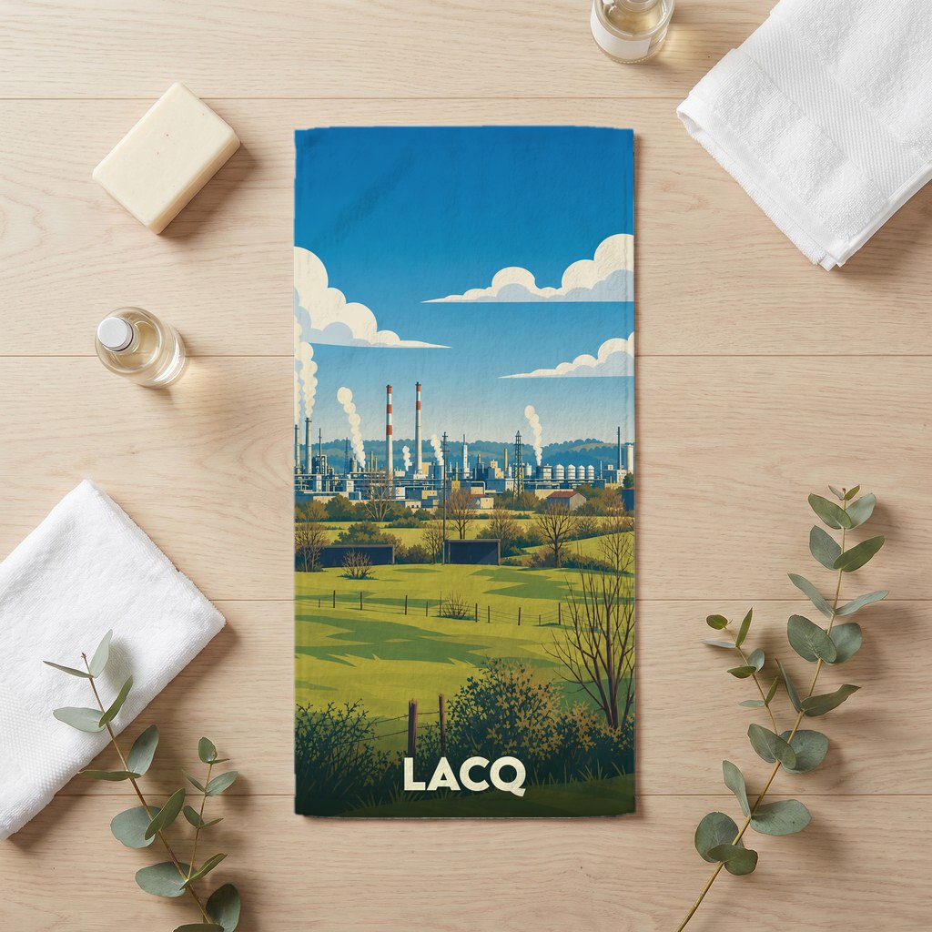 Serviette de bain souvenir de la ville de Lacq illustrant son complexe industriel dans un paysage verdoyant.