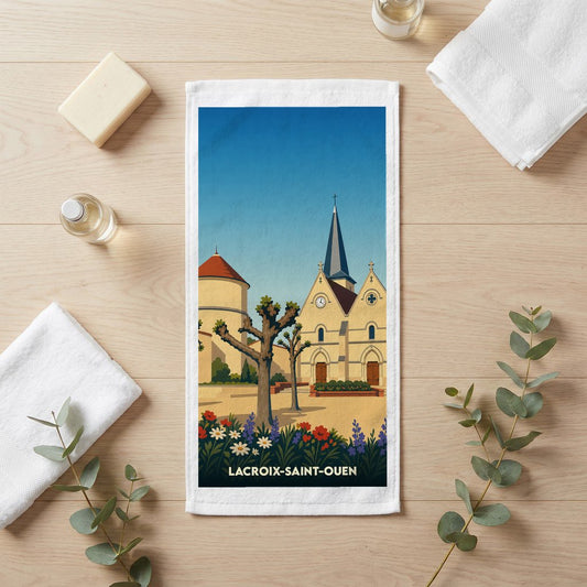 Serviette de bain souvenir de la ville de Lacroix-Saint-Ouen avec une illustration stylisée de son église.