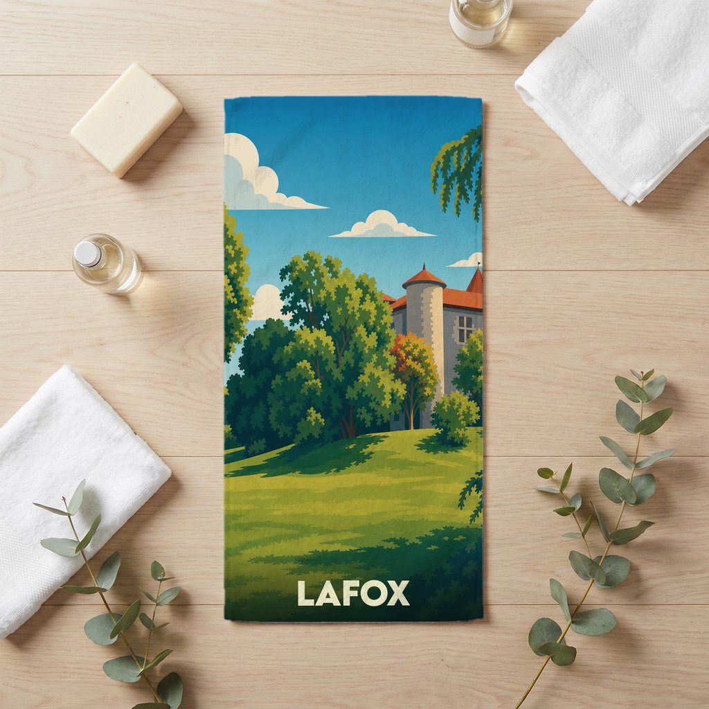 Serviette de bain souvenir de la ville de Lafox avec une illustration stylisée d'un château et de jardins.