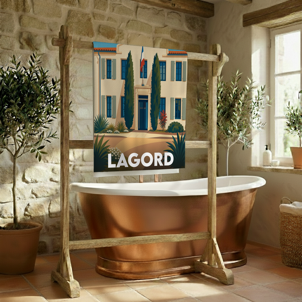Serviette de bain souvenir de la ville de Lagord avec une illustration stylisée.