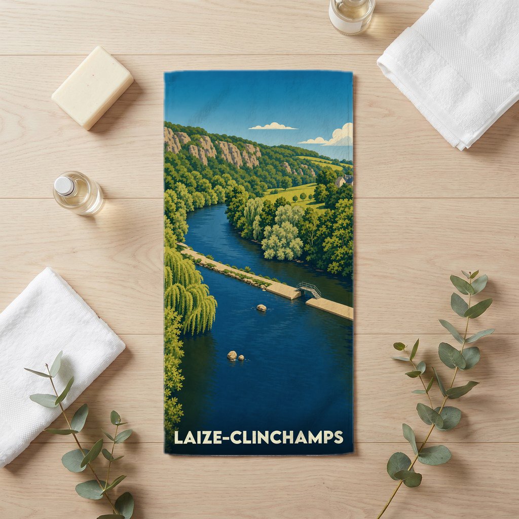 Serviette de bain souvenir de la ville de Laize-Clinchamps avec une illustration stylisée d'un paysage de rivière.