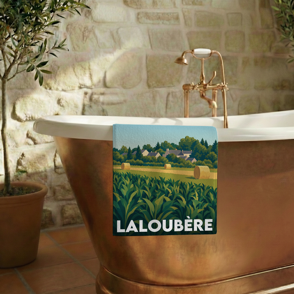 Serviette de bain souvenir de la ville de Laloubère avec une illustration de paysage stylisée.
