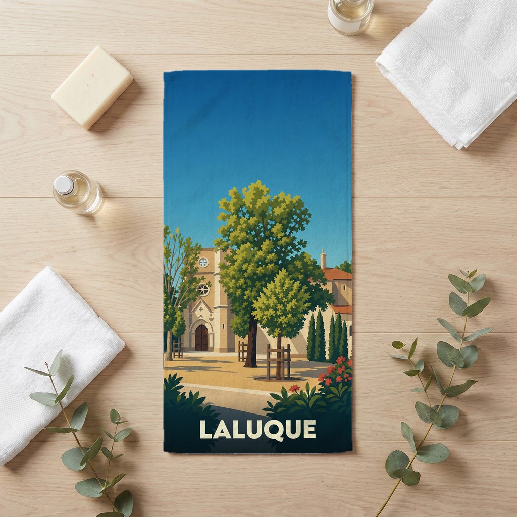 Serviette de bain souvenir de la ville de Laluque avec une illustration stylisée.
