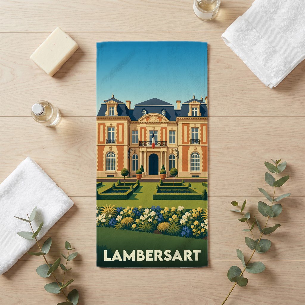 Serviette de bain souvenir de la ville de Lambersart ornée d'une illustration stylisée de son hôtel de ville.