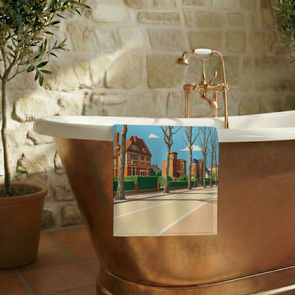 Serviette de bain souvenir de la ville de Lambersart avec une illustration stylisée.