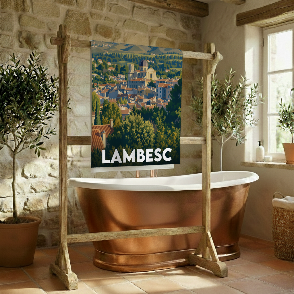 Serviette de bain souvenir de la ville de Lambesc avec une illustration stylisée.