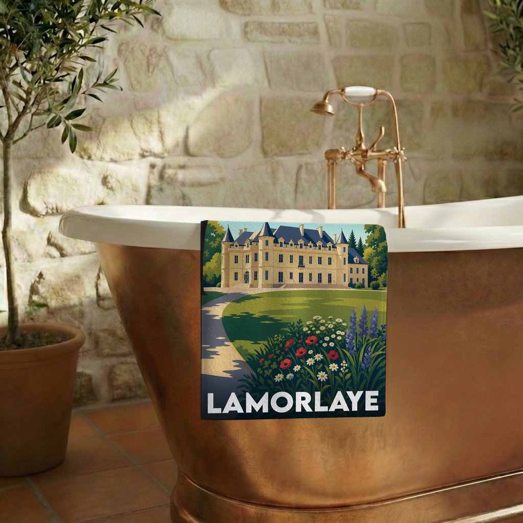 Serviette de bain souvenir de la ville de Lamorlaye avec une illustration stylisée d'un château.